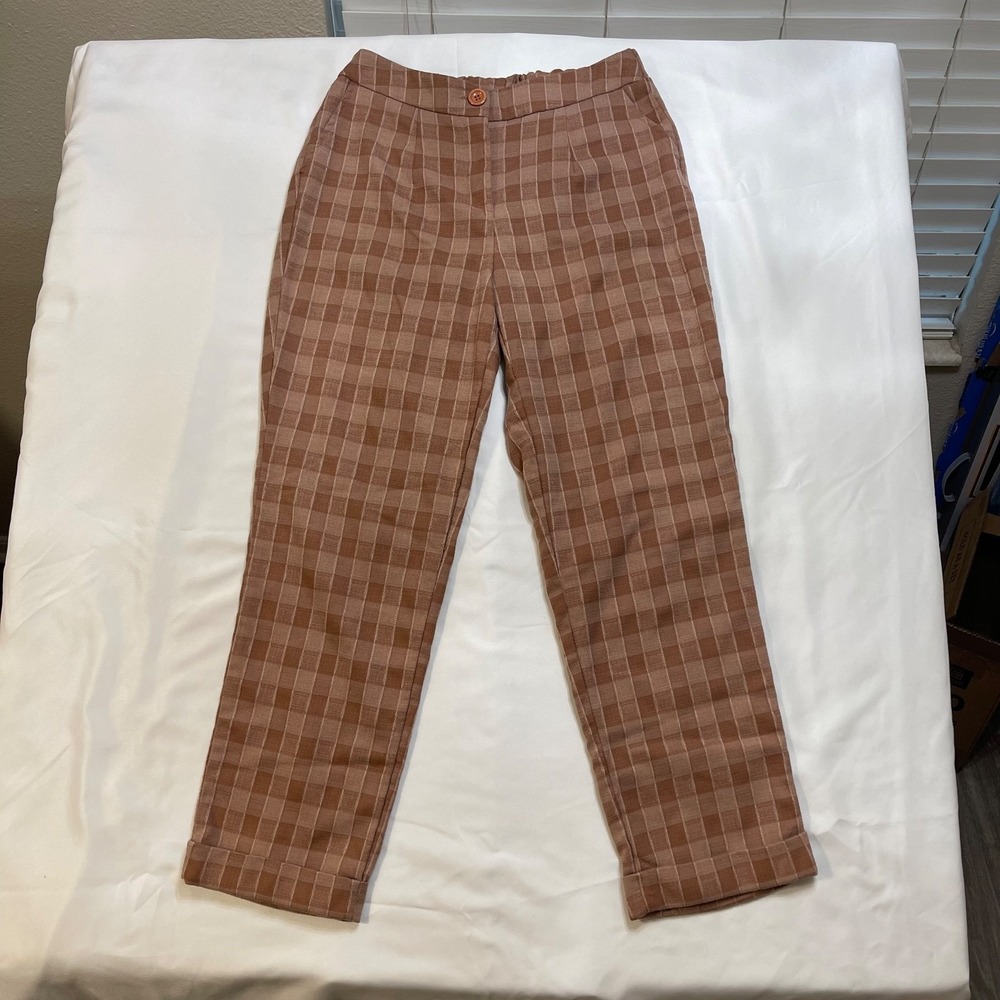 Dazz Women's Med Brown Plaid Check Pants Elastic Waist Straight Cuffed Crop Leg